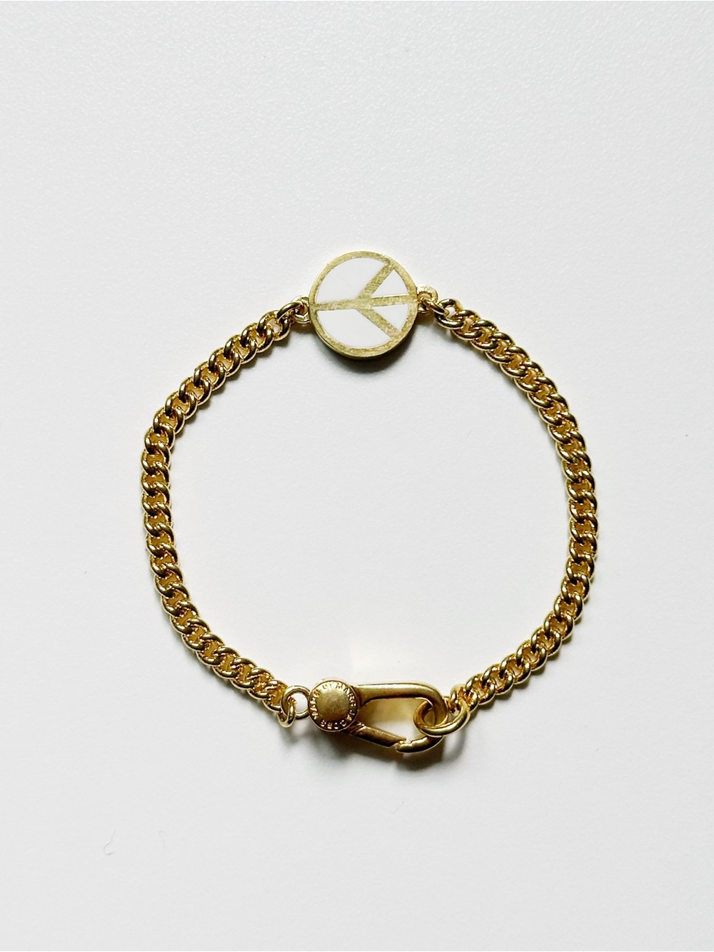 Marc Jacobs Gold Peace Sign Chain Bracelet, white smiley face